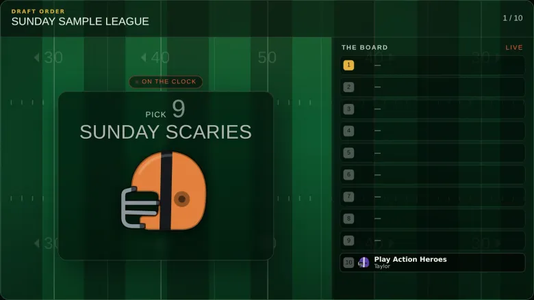 The Draft Order Reveal stage mid-show: pick 9 on the clock, the board filling in beside it